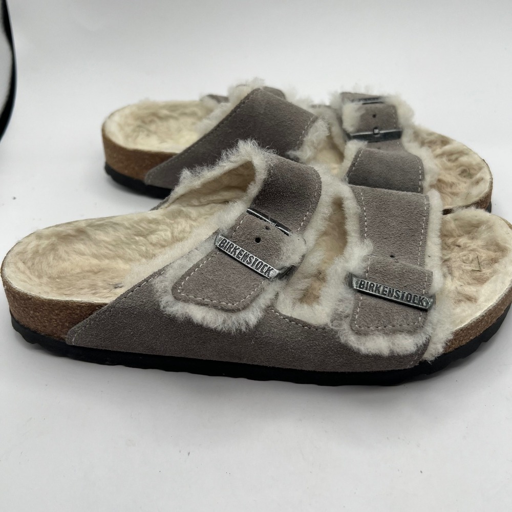 Birkenstock Arizona Shearling Suede Sandals Stone Coin Grey eu 38 women's 7
